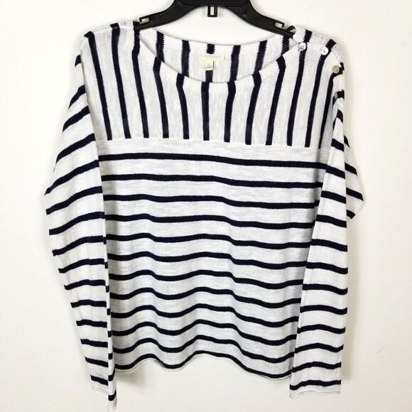 Eileen Fisher Women Organic Linen Cotton Light Sweater Size M Petite Striped - Picture 1 of 6